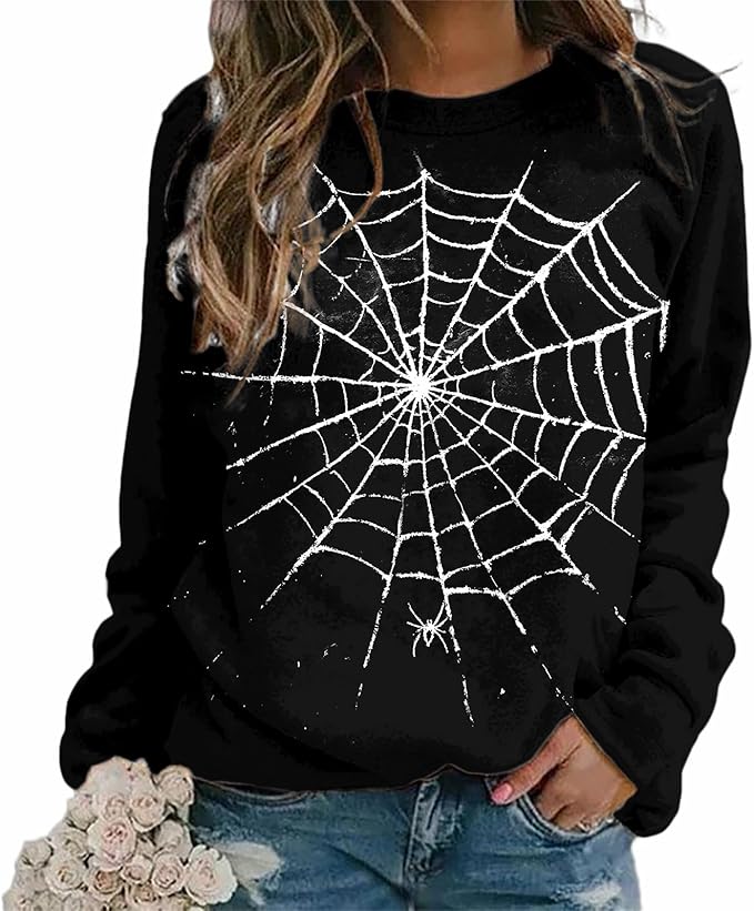 MARSVOVO Fall Sweatshirt for Women Novelty Spider Web Shirt Dressy Casual Crewneck Tunic Tops Spring Graphic Pullover