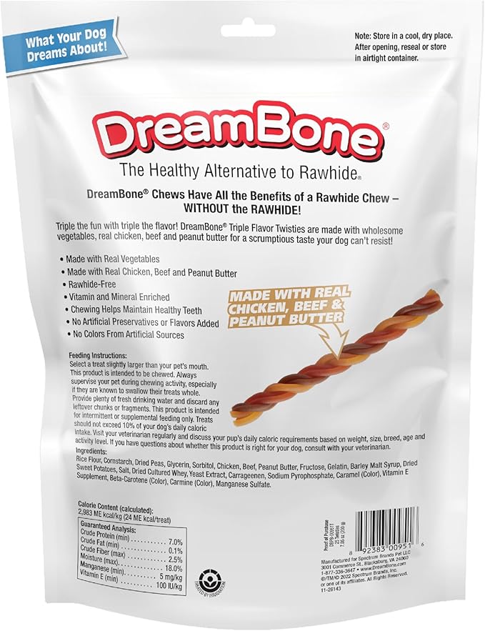 Dreambone Triple Flavor Twisties Chews for Dogs, 25 Count, Treat Your Dog to Rawhide-Free Chews Made with Real Chicken, Beef and Peanut Butter