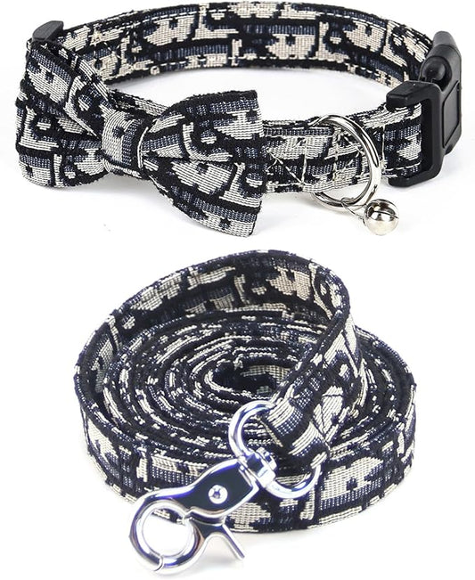Bowtie Collars for Big Dogs, Elegant Puppy Collars with Leash Set, Dog Collars with Bowtie Adjustable 15.7"-20.9", Black, L