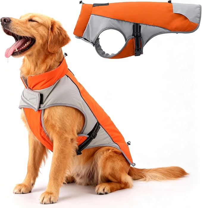 Dog Winter Coat - Waterproof Cold Weather Coat with Thick Padding, Windproof Dog's Snow Jacket with Neck & Tail Drawstrings, Reflective Dog Jacket - Large Pet Coats, Orange & Gray XXL