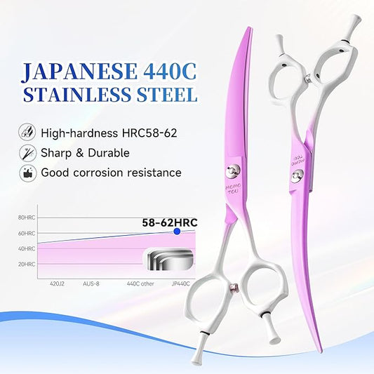 Curved Dog Grooming Scissors Violet to White Gradient 440C Stainless Steel Sharp Durable Dog Shears for Professional or Home Use Ergonomic Handle with 2 Silicone Finger Rings