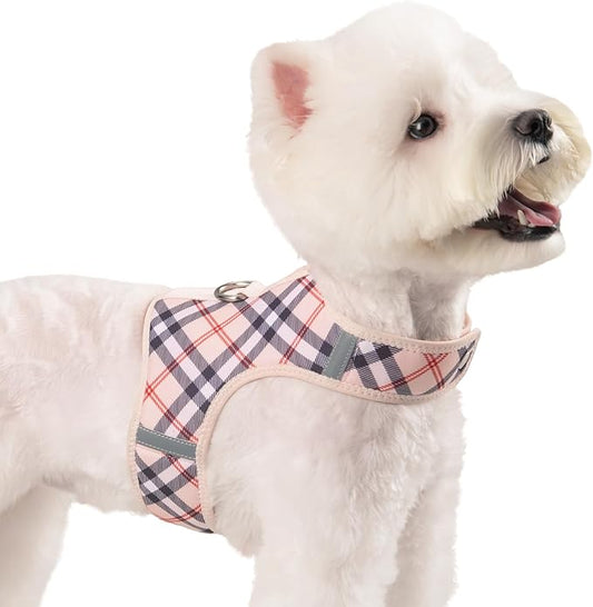 Dog Harness for Small Sized Dog,Hook-and-Loop Easy On/Off, Reflective Adjustable Soft Mesh Vest for Puppy (Checkered Beige,XS)
