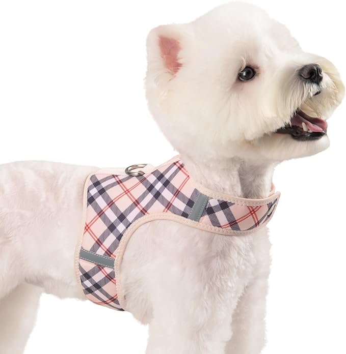 Dog Harness for Small Sized Dog,Hook-and-Loop Easy On/Off, Reflective Adjustable Soft Mesh Vest for Puppy (Checkered Beige,M)