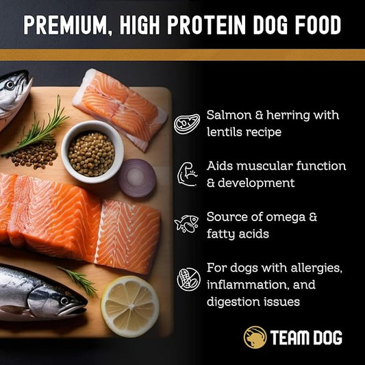 Team Dog Elite Blend Salmon Dog Food with Herring & Lentils | High Protein Dog Food for Sensitive Stomachs & Skin | Chicken Free, Gluten Free, GMO Free, No Corn, Wheat or Soy (33 lb)
