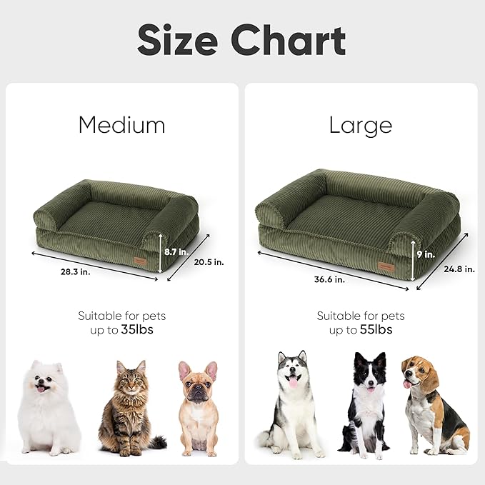FUKUMARU Cute Dog Bed, Waterproof Corduroy Dogs Couch, 36in Orthopedic Pet Sofa for Medium to Large Dogs Dog, Warm Cotton Pet Bed with Washable Cover, Large, Green
