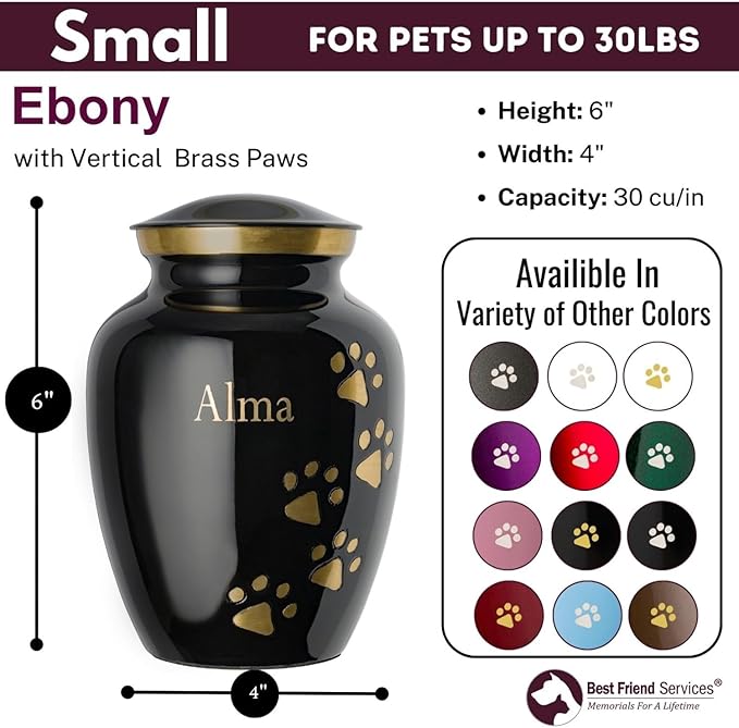 Pet Urn for Dogs and Cats with Personalized Laser Engraving, Ottillie Paws Premier Series Memorial Urns (Small Ebony with Vertical Brass Paws)