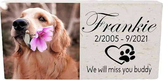 Custom Dog Memorial Stone, Personalized Pet Headstones for Dogs, Outdoor Pet Grave Markers with Photo Print and Text, Loss of Pet Sympathy Gift, 12”x 6”x1.25" Pet Grave Stone (A. Frankie Design)