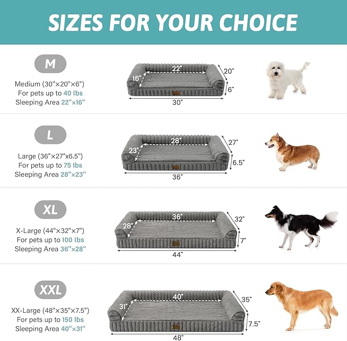 Cute Dog Bed for Large Dogs, Faux Fur Orthopedic Foam Dog Bed with Sides, Removable Washable Cover & Waterproof Lining, Comfortable Pet Couch, Grey (44" L x 32" W x 7" Th)