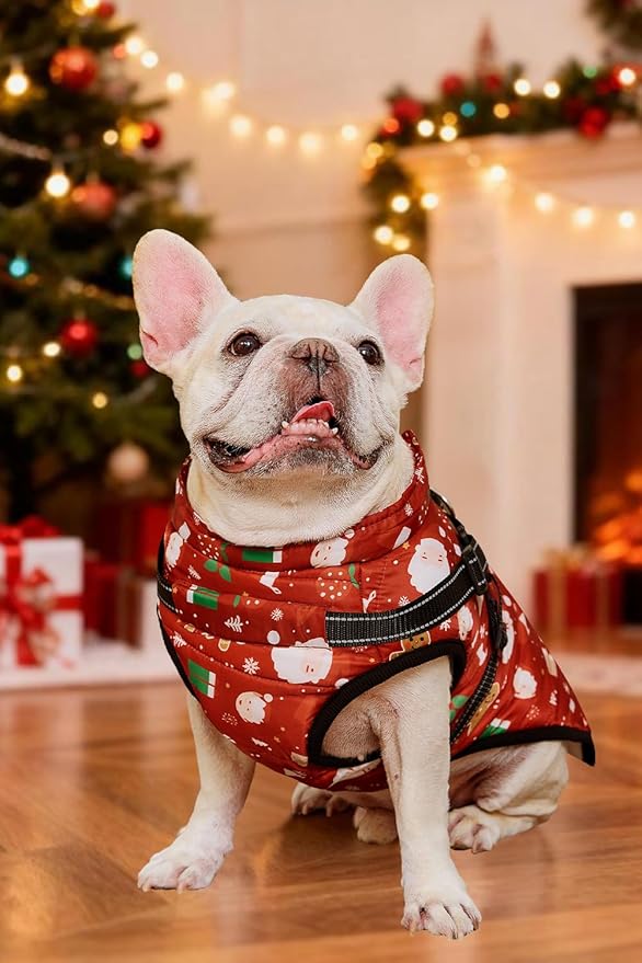 Aiboria Dog Jacket Windproof Fleece Dog Sweater with Padded Vest Chest Strap Harness Dogs Coat Christmas Red S