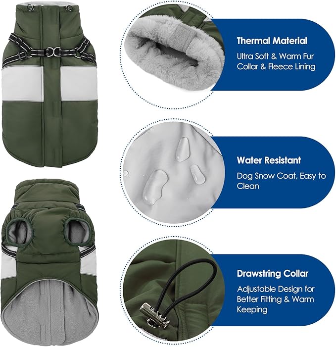 KOESON Dog Coat, Windproof Dog Winter Coat with Harness Built in for Extra Large Dogs, Waterproof Reflective Pet Snow Jacket with Warm Fleece Lining for German Shepherd, Labrador Retriever
