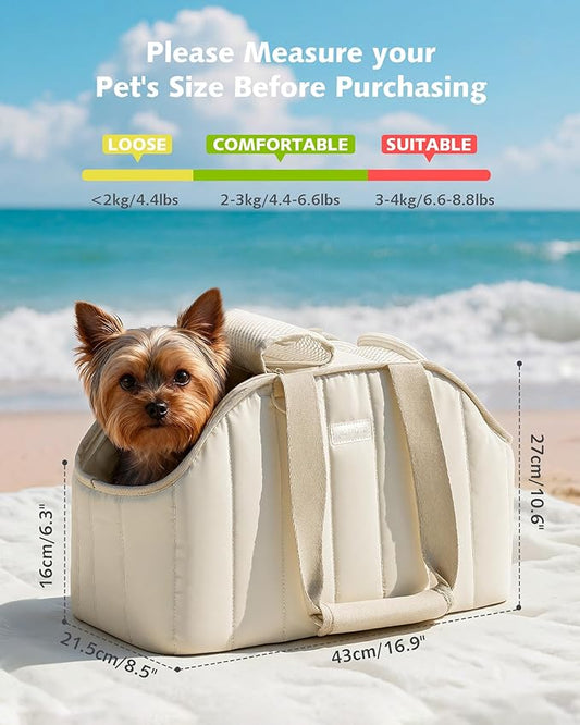 Pecute Dog Purse Carrier, Lightweight Dog Carriers for Small Dogs with Large Pockets, Dog Soft-Sided Carriers up to 9lbs, Pet Carrier for Puppy Cat Rabbit, Suitable for Travel, Subway, Cream