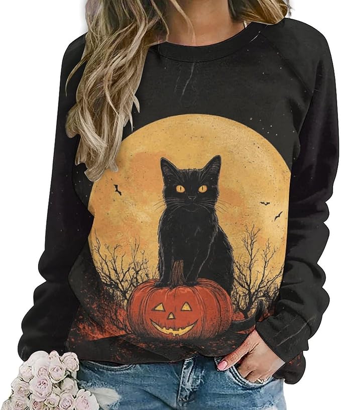 Womens novelty funny cat printed crewneck sweatshirt casual loose long sleeve graphic pullover sweatshirts tops