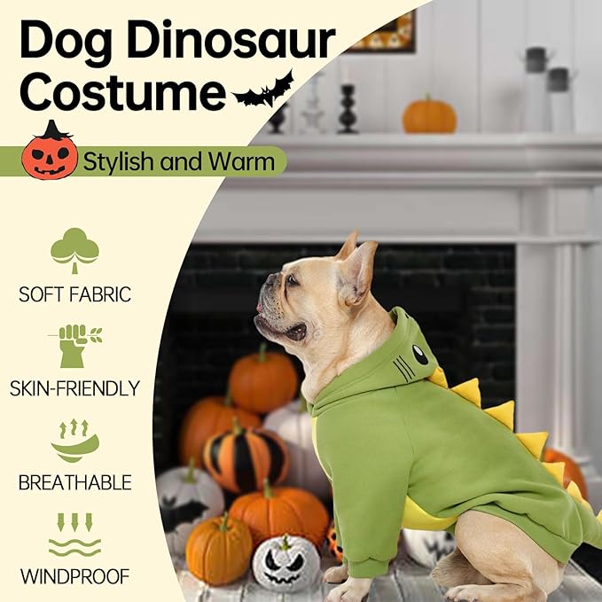 QBLEEV Dog Dinosaur Winter Coat, Warm Soft Knit Pullover Jacket with Hood for Cold Weather, Cozy Fleece-Lined Sweatshirt with 3D Dino Spikes, Stretchy Cute Pet Outerwear for Small Medium Large Dogs