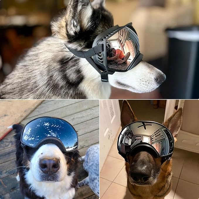 PETLESO Dog Goggles for Medium to Large Breed, UV Protection Dog Sunglasses Wide Version Windproof Eye Wear for Outdoor Driving/Riding/Hiking, Adjustable, Silver Mirror Lens