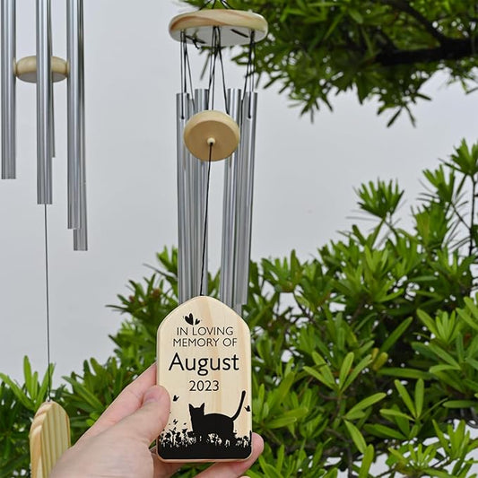 Personalized Pet Loss Wind Chime, Cat Bereavement Gift, In Memory of Cat, Silver Rustproof Wind Chime, 25.6 Inches