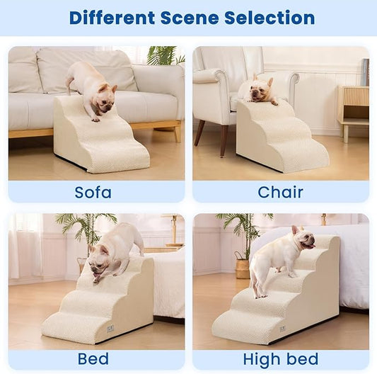 Dog Stairs for Small Dogs and Cats – 3 Step Pet Ramp for Couch & Sofa, Non-Slip Dog Steps for Pets, Washable Cover, High-Density Support Foam for Easy Climbing,Beige