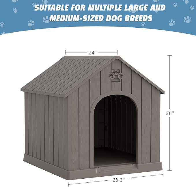 Fancyango Dog House Outdoor Indoor for Medium Large Dogs, Sturdy Plastic Waterproof Doghouse with Air Vents and Elevated Floor, Easy Clean and Assemble (Grey, 26.18''L × 24.02''W × 25.98''H)