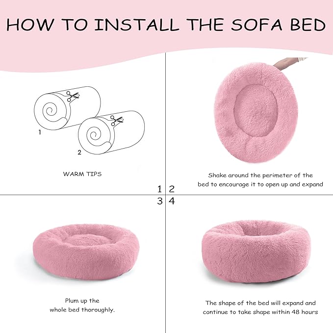 30'' inch Calming Dog Bed, Anti-Anxiety Donut Small Medium Dog Bed, Warming Cozy Soft Cute Round Washable, Marshmallow Cuddler Nest Puppy Dogs and Cats Bed, Pink