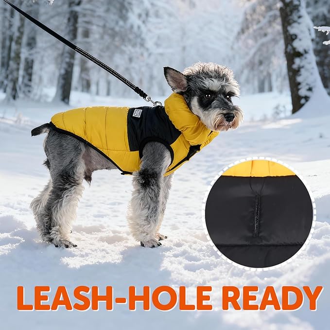 FOFOS Dog Winter Coat, Plush Dog Jacket with Leash Hole, Adjustable Warm Pet Snow Vest for Small Medium Dogs, Yellow, XS