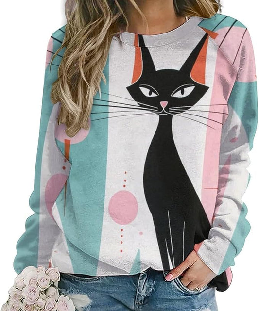 Biacolum Long Sleeve Shirts for Women Mid Century Retro Style Atomic Cat 3D Graphic Sweatshirts Fall Crewneck Pullover Top