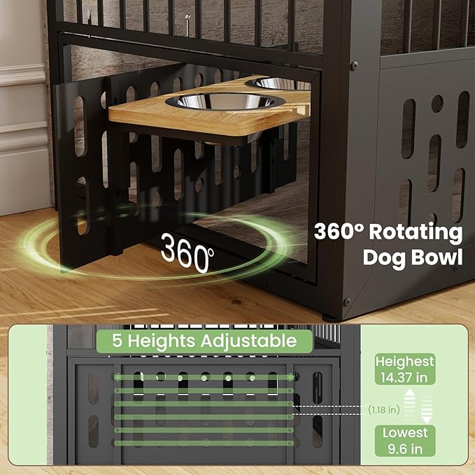 48 Inch XXL Dog Crate Furniture, Wooden Chewproof Dog Kennel with Interactive Window, 360° Adjustable Bowls (5 Heights), Storage Table Top, Heavy Duty XL Dog Crate for Medium Large Dogs, Gray