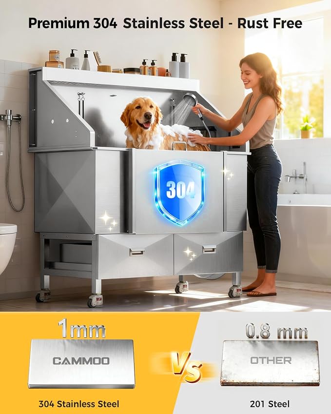 50'' Dog Bathing Station - 304 Stainless Steel, Leak-Proof Deep Soak, Dog Bathing Station, 27.4" Wide Ramp, Swivel Wheels, Dog Grooming Tub, Piano-Key Faucet, 2 Drawers for Medium & Small Pets