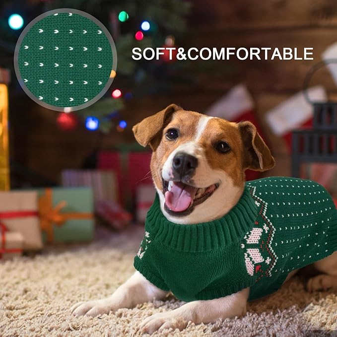 Kuoser Dog Christmas Sweater, Soft Warm Xmas Sweaters for Small Medium Large Dogs Boy Girl, Comfortable Dog Sweater with Leash Hole Snowflake Puppy Knit Outfit for Holiday Winter Fall, Green XL