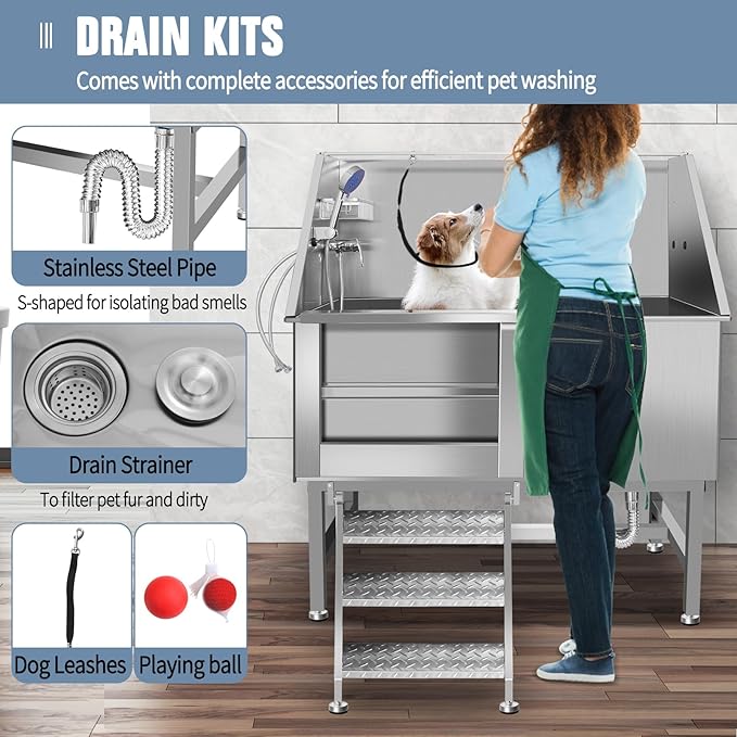 Stainless Steel Dog Washing Station For Large Dogs, Dog Grooming Tub For Home, Professional Dog Bathtub Bathing Station, Pet Wash Station, Dog Shower Tub With Stairs, Drain & Door