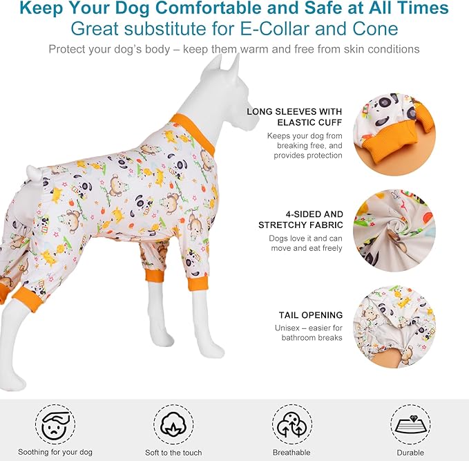 LovinPet Boxer Pajamas - Pet Anxiety Relief Shirt, Dog Pajamas, UV Protection Comfy Stretchy Fabric, White Animal Print, Large Dog Pjs, Pitbull Clothes, Surgical Recovery Shirt, Orange XL
