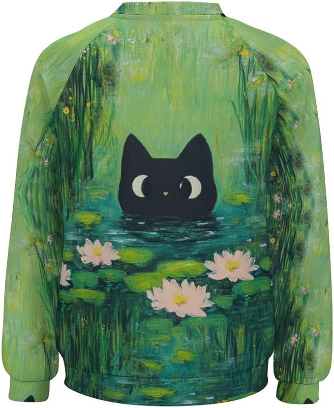 Womens novelty funny cat printed crewneck sweatshirt casual loose long sleeve graphic pullover sweatshirts tops