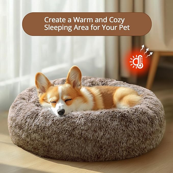 JOLLYVOGUE Small Dog & Cat Beds for Indoor Cats, Donut Cuddler Warming Soft Dog Beds with Anti-Slip Bottom, Round Calming Fluffy Plush Faux Fur Cushion Bed for Small Dogs (23", Smoke Brown)