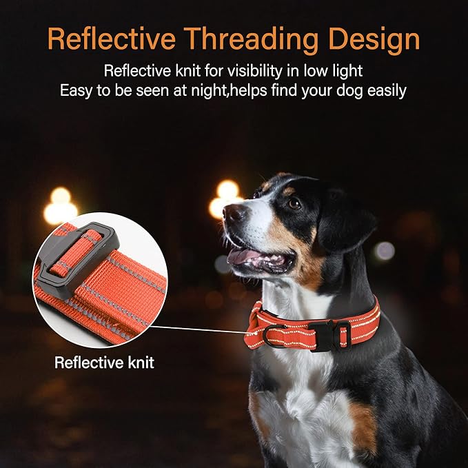 KCUCOP Tactical Dog Collar for Medium & Large Dogs - Military Nylon Heavy Duty Collar with Handle, Reflective Strip & Metal Buckle for Training, Outdoor (Orange Reflective, XLarge)