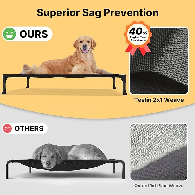 Veehoo Outdoor Elevated Dog Bed Large Sized Dogs, XXL Cooling Raised Dog Cots Beds Training Platform Off Ground Hammock with Breathable Mesh, No-Slip Feet, 59"x37.5", Beige Coffee