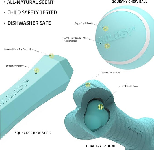 Playology Dog Toys | Variety Gift Box Set of Toys for Large Dogs | Jumbo Peanut Butter Scented Dual Layer Bone, Squeaky Chew Ball, and Chew Stick - Easy to Clean and Made from Non Toxic Material