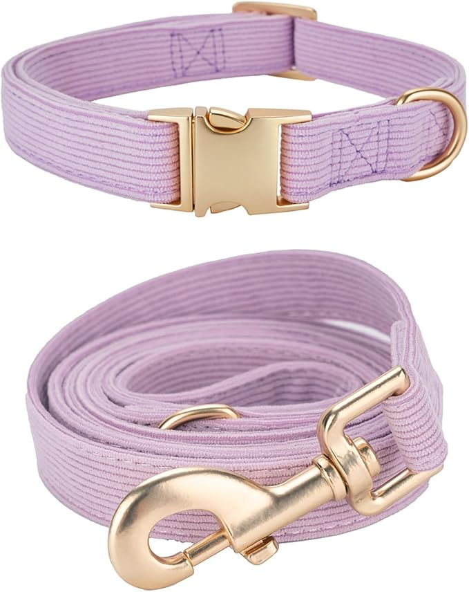 Soft Corduroy Dog Collar and Leash Set Adjustable Durable Dog Collars with Metal Buckle and Lead for Small Dogs,Lilac