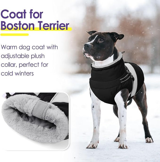 SUNFURA Dog Jacket, Large Dog Coat with Harness Built in, Warm Pet Winter Jacket Zippered Snow Coat with Furry Collar, Waterproof Fleece Snowsuit for French Bulldog, Black L