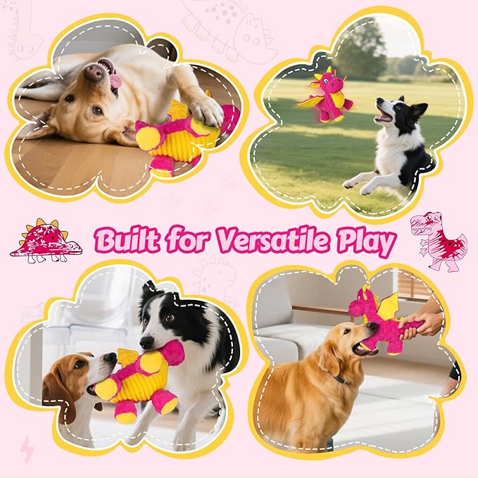 Squeaky Dog Toys - Soft Plush Dragon Dog Toy with 5 Squeakers & Crinkle Paper, Dog Toys for Small, Medium and Large Dogs (Pink,10")