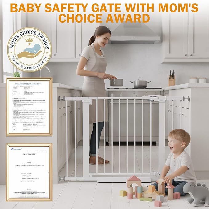 Baby Gate for Stairs, 29.7-43" Auto Close Dog Gate for Doorways & Hallways, Pressure Mounted Pet Gate with Walk Thru Door, Easy Install Safety Gate for Children & Pets, No Drilling, Dual-Lock Design
