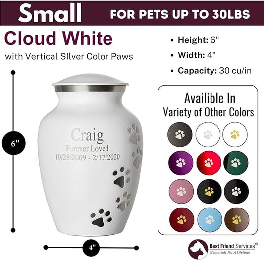 Pet Urn for Dogs and Cats with Personalized Laser Engraving, Ottillie Paws Premier Series Memorial Urns (Small Cloud White with Vertical Pewter Paws)