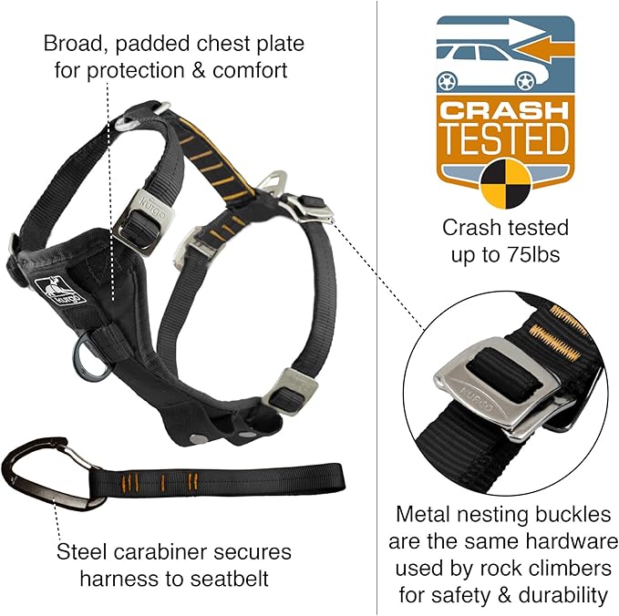 Kurgo Enhanced Strength Tru-Fit Dog Car Harness - Pet Travel Safety Harness - Crash Test Certified Fit - Five Point Adjustment - Secure Buckle - Padded Chest - Black - X-Large