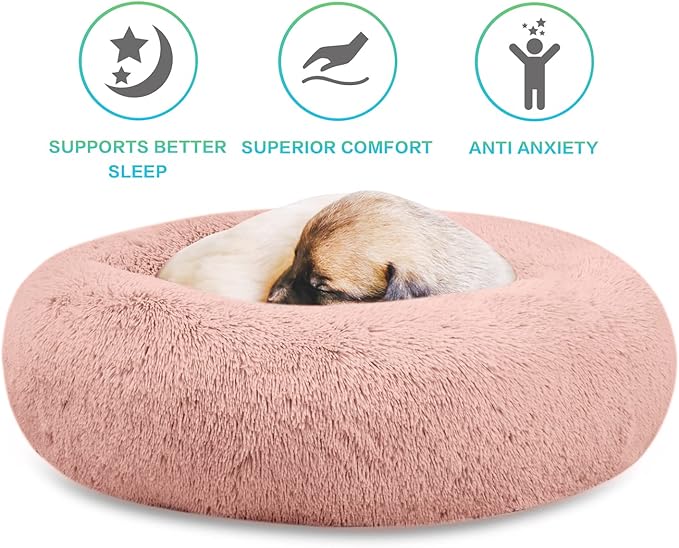 SAVFOX Plush Calming Donut Dog Beds for Small Dogs, Medium, Large & X-Large Breeds, Comfy Cuddler Dog Bed and Cat Bed in Faux Fur, Washable, Multiple Sizes S-XXL