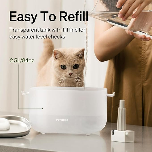 PETLIBRO Cat Water Fountain + PETLIBRO Genuine 4 Packs Filters, Cat Fountain Indoor Stainless Steel Tray, 2.5L/84oz Wireless Pump Pet Water Fountain, Cat Water Dispenser with Two Flow Modes
