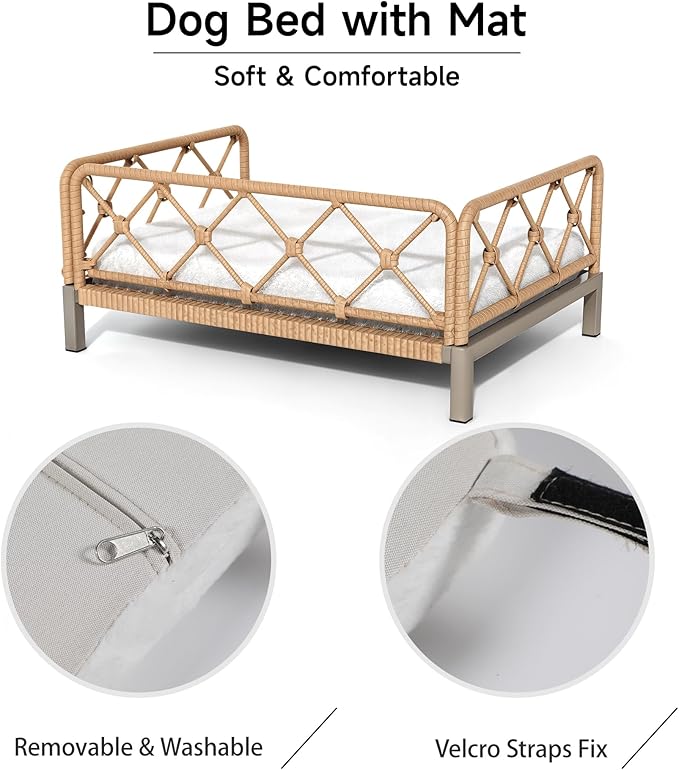 Dog Bed with Cushion, Cooling Elevated Raised Beds with Rattan Breathable Mesh and Universal Mat, Indoor & Outdoor Pet Cots for Small Dog, Sand