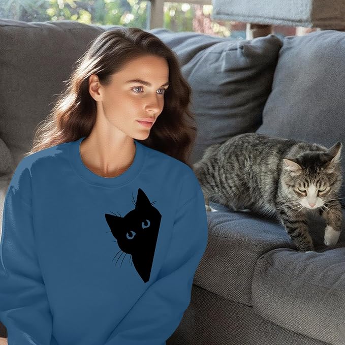 Cat Sweatshirts for Women Graphic Print Sweatshirt Funny Long Sleeve Shirt Cute Pullover Lightweight Hoodie Tops