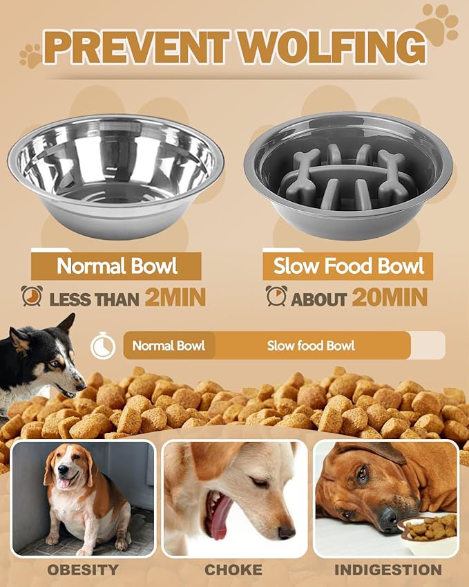 Elevated Dog Bowls, Dog Feeder with Stainless Steel Dishes & Slow Feeder Bowl, 5 Heights Adjustable Raised Stand for Medium Large, Food Dishes with Non-Slip Feet