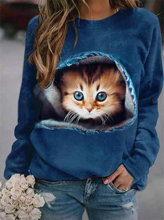 IVERIRMIN Women's 3D Cute Cat Print Sweatshirt Casual Long Sleeve Crewneck Cute Cat Pullover Loose Fit Shirts
