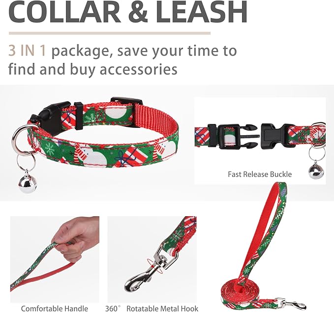 PUPTECK Adjustable Dog Harness Collar and Leash Set Step in No Pull Pet Harness for Small Medium Dogs Puppy and Cats Outdoor Walking Running, Christmas, L