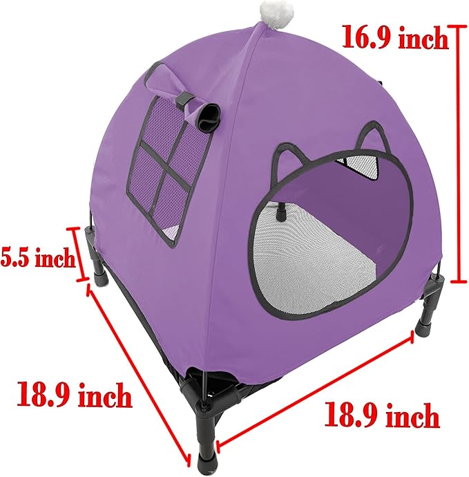 Pozico Elevated Pet Bed with Breathable Mesh for Small Cat and Dog, Raised Cooling Pet Cot for Puppy and Kitty, 18.9x18.9 inch (Purple Bed with Canopy)