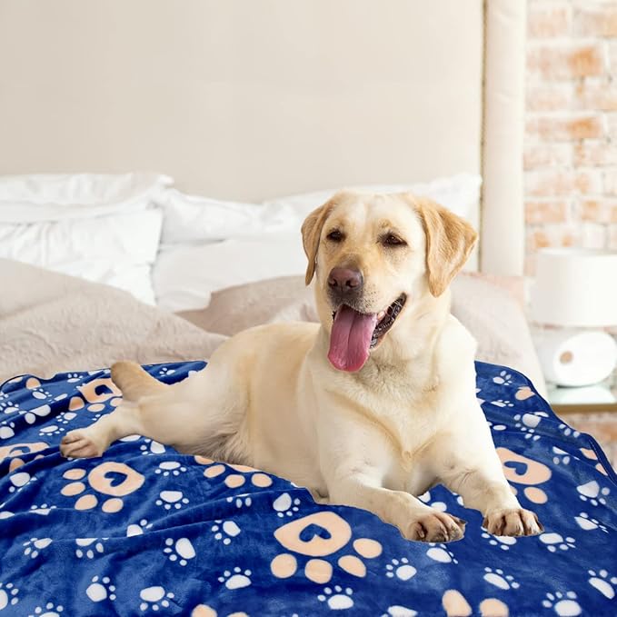 Dog Blanket, Soft Fleece Dog Blankets for Large Dogs, Fluffy Flannel Pet Cat Puppy Blanket Mat Cover for Bed Couch, Cute Paw Print Throw Blanket for Dogs, Blue 60"X50"
