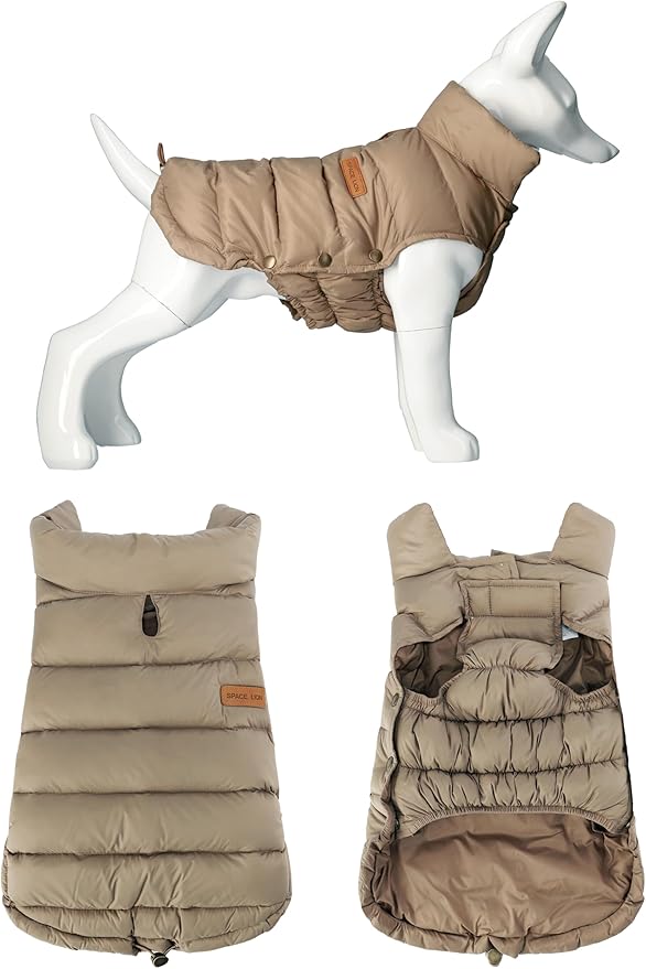 SPACE LION Dog Puffer Jacket, Down Winter Coat, Durable Outdoor Coat for Cold and Windy Conditions, Lightweight & Adjustable Fit Coats for Small Dogs, (Camel, Size 10 Gift Box)